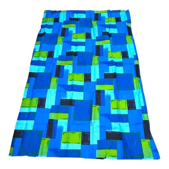 Pell Key West Fabric Retro Geometric Pattern Fabric Blue & Green Squares 62x40 - Picture 1 of 4